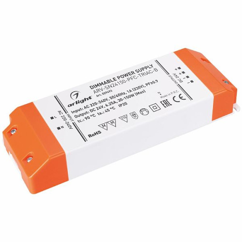 Блок питания ARV-SN24150-PFC-TRIAC-B (24V, 6.25A, 150W) (Arlight, IP20 Пластик, 3 года)