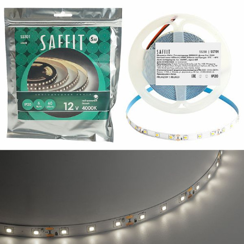 SST01 SAFFIT 60SMD(2835)/m 6Вт/м 12V 5000*8*1.22мм 4000K, IP20 , 55238