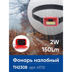 Фонарь налобный ЭКОНОМ FERON TH2308 на батарейках 3*AAA 2W COB IP44 пластик , 41712