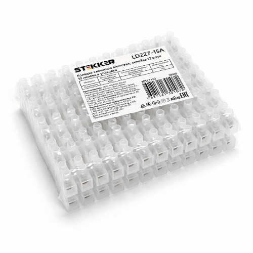 Колодка клеммная винтовая STEKKER, линейка 12 штук, полиэтилен, LD227-15A , 39080
