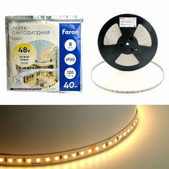 Лента светодиодая стабилизированная 120SMD(2835)/м 8Вт/м 48V 40000*10*1.22мм 3000К, IP20 LS420 FERON , 48791