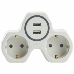 Разветвитель сетевой 2-местный с/з STEKKER ADP16-14-20, 250V, 16A и 2-мя USB выходами на 2,4А, огнеустойчивый пластик, белый/серый , 32872