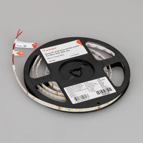 Светодиодная Лента RT-A128-8mm 24V Warm3000 (9.6 W/m, IP20, 2835, 5m) (Arlight, высок.эфф.150 лм/Вт)